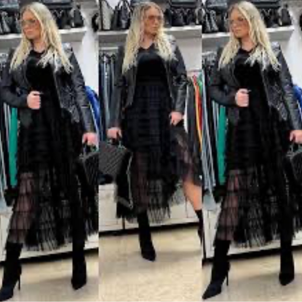 Zip up Long Bomber Jacket Tiered Mesh Black Tulle Layered Dress - Picture 9 of 10